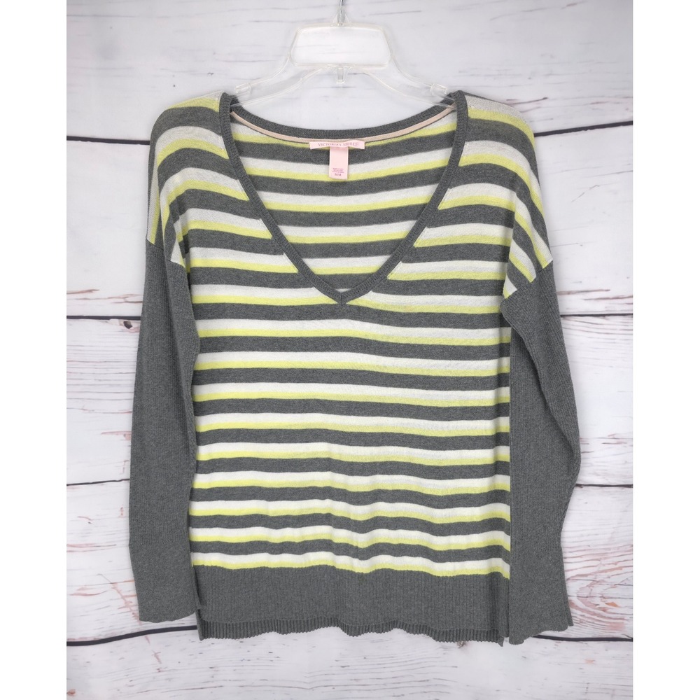 VICTORIAS SECRET Striped V Neck Long Sleeve Sweater Top M/M Pullover Lightweight - Picture 2 of 4